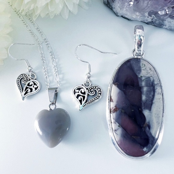 Porcelain Jasper and Angelite Pendant Necklace Earrings Lot Sterling Silver New - Picture 15 of 15